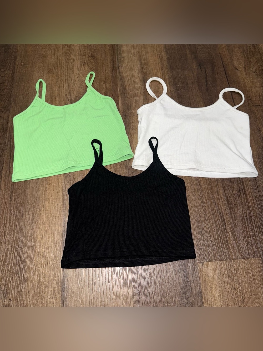 Set of 3 Ribbed Cami Crop Tank Tops (Black, White, Neon Green) Small